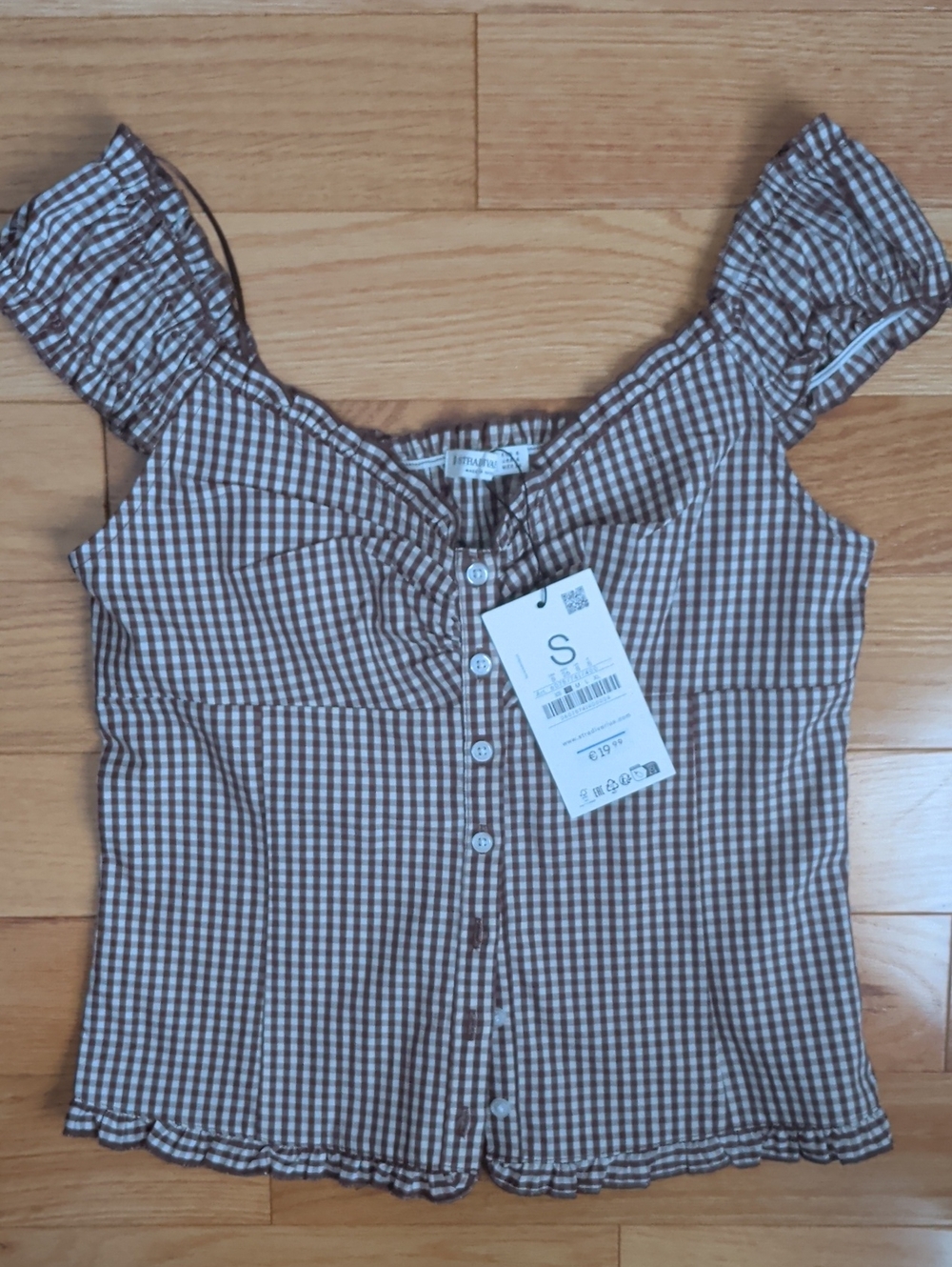 stradivarius Brown Gingham Button-Front Ruffle Sleeve Top